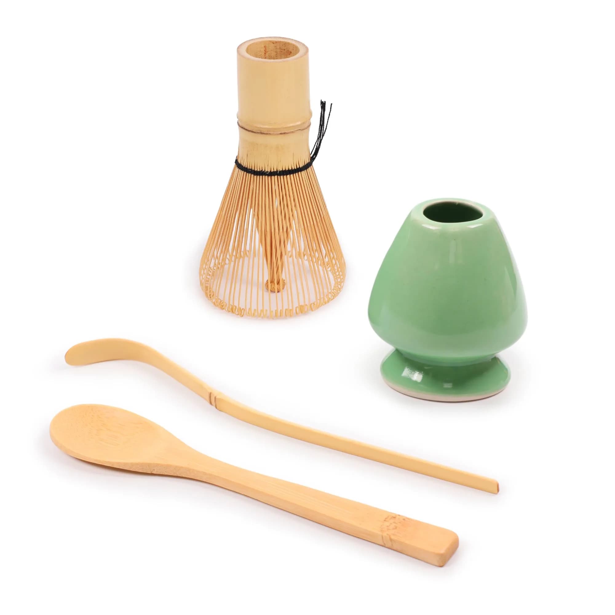 BambooMN Matcha Green Tea Whisk And Scoop 4 Piece Set - Mint Green Holder - 1 Set | Traditional Japanese Tea Utensils — Set - Soft Light Green
