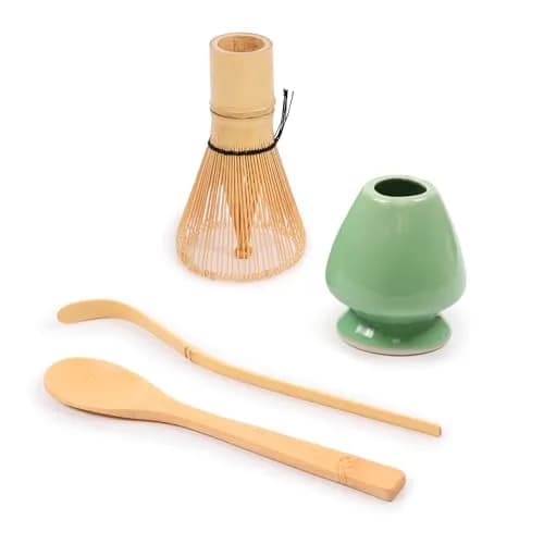 BambooMN Matcha Green Tea Whisk & Scoop Set | Traditional 4-Piece Kit with Light Green Holder thumbnail 1