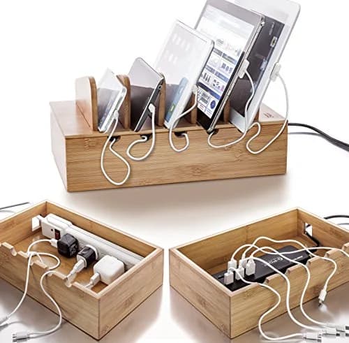 Prosumer's Choice Wooden Charging Station Organizer 12.5" L x 7.5" W x 6.5" H | Holds 5 Devices with Cable Management thumbnail 4