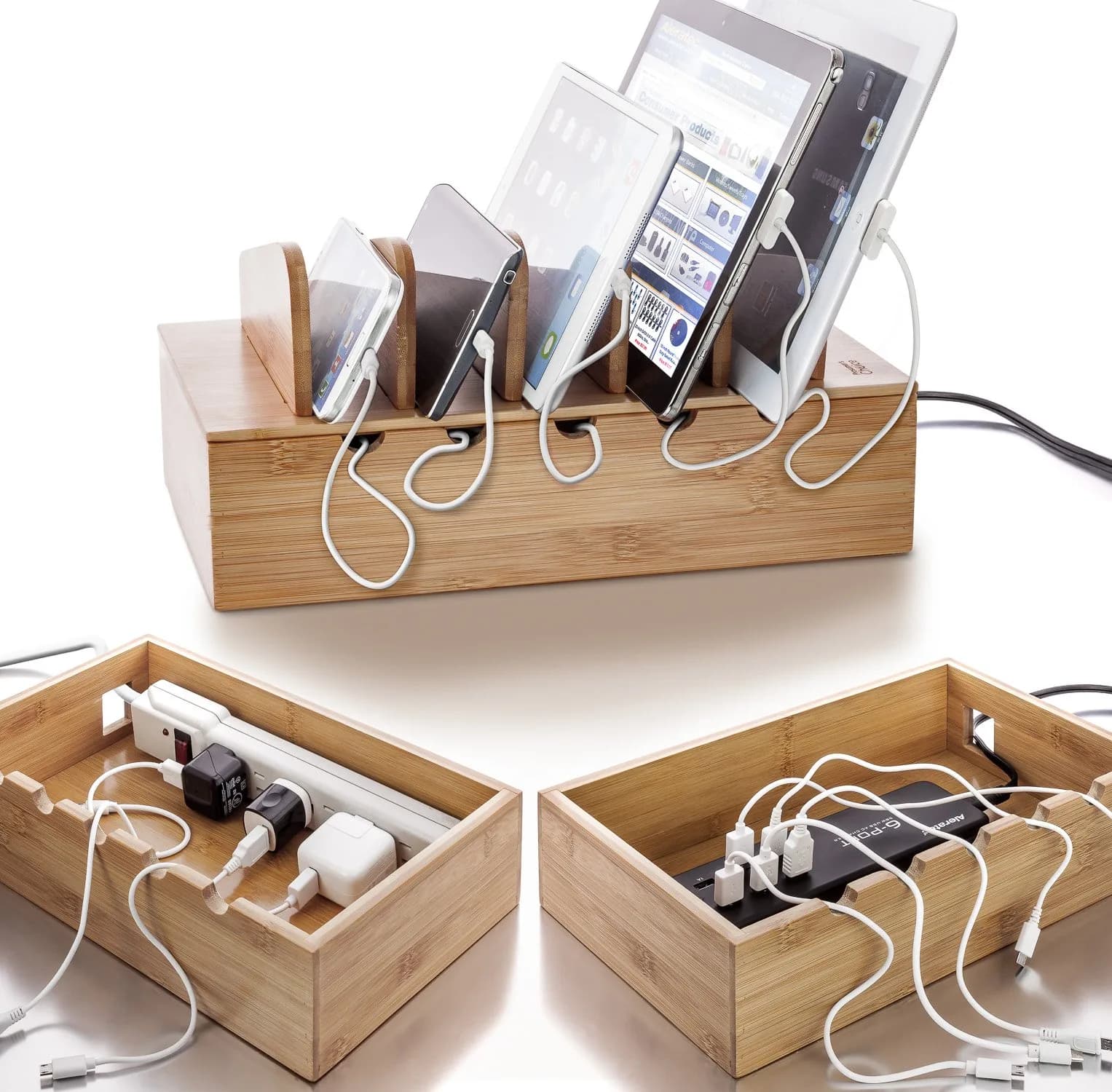 Prosumer's Choice Wooden Charging Station Organizer 12.5" L x 7.5" W x 6.5" H | Holds 5 Devices with Cable Management - view 4