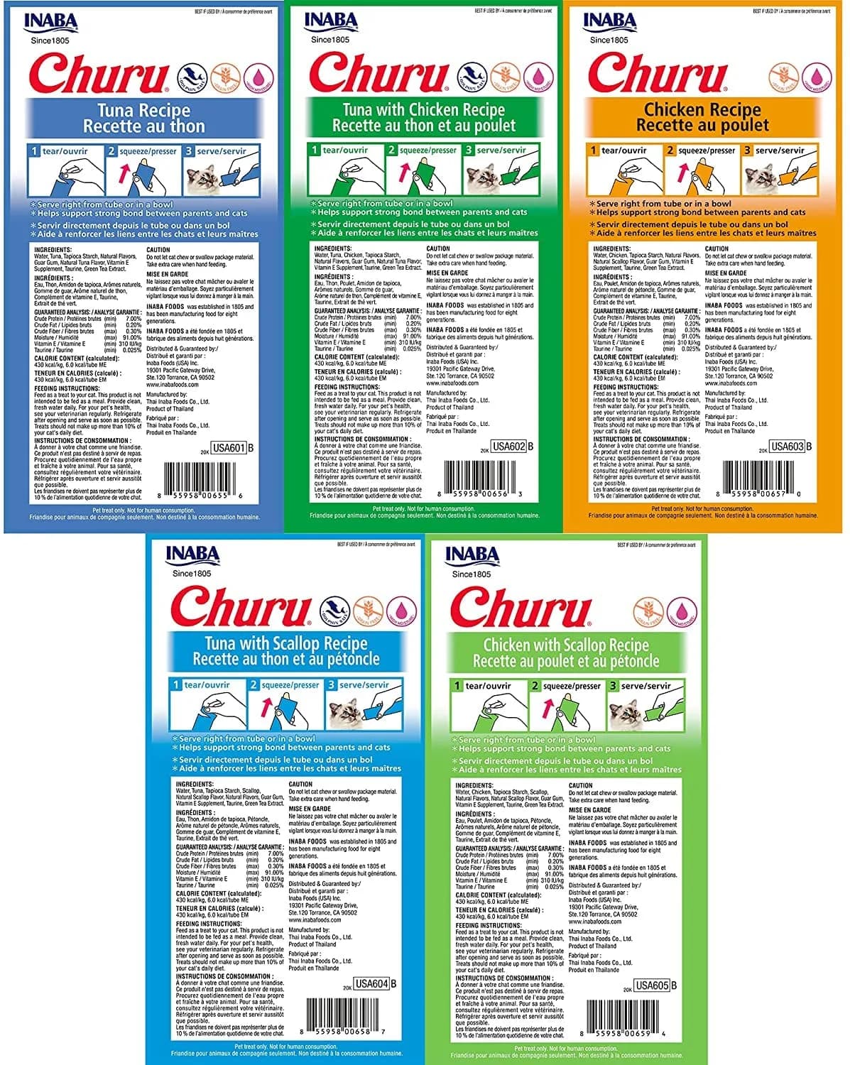 INABA Churu Lickable Creamy Purée Cat Treats 5 Flavor Variety Pack, 40 Tubes (20 oz / 567 g) - view 2