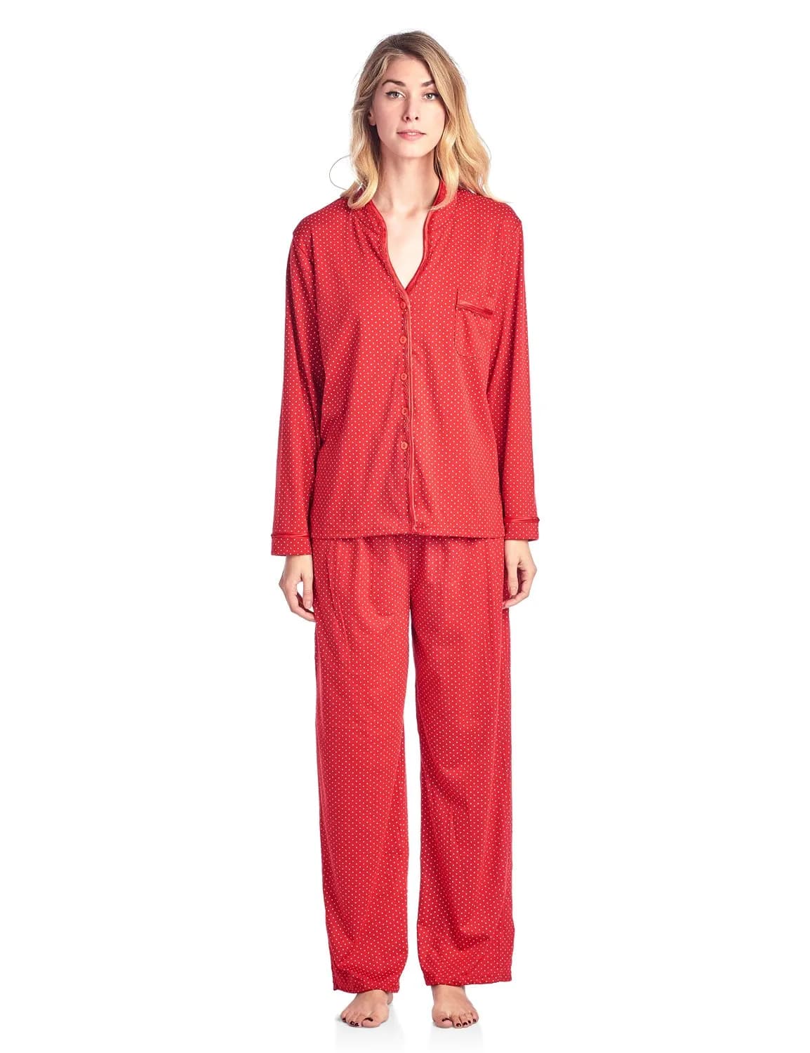 Casual Nights Women's Long Sleeve Floral Lace Trim Pajama Set - Red - Large | Relaxed Fit for Sleep & Lounge