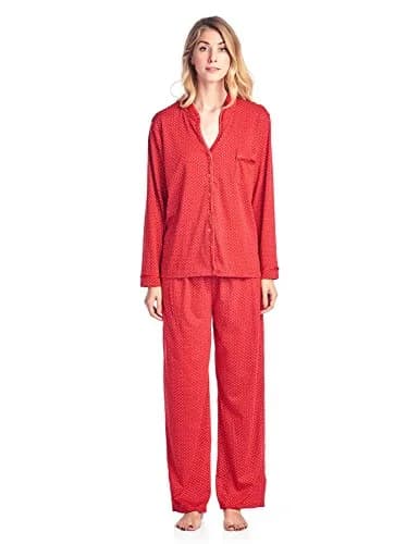 Casual Nights Women's Long Sleeve Floral Lace Trim Pajama Set - Red - Large | Relaxed Fit for Sleep & Lounge thumbnail 1