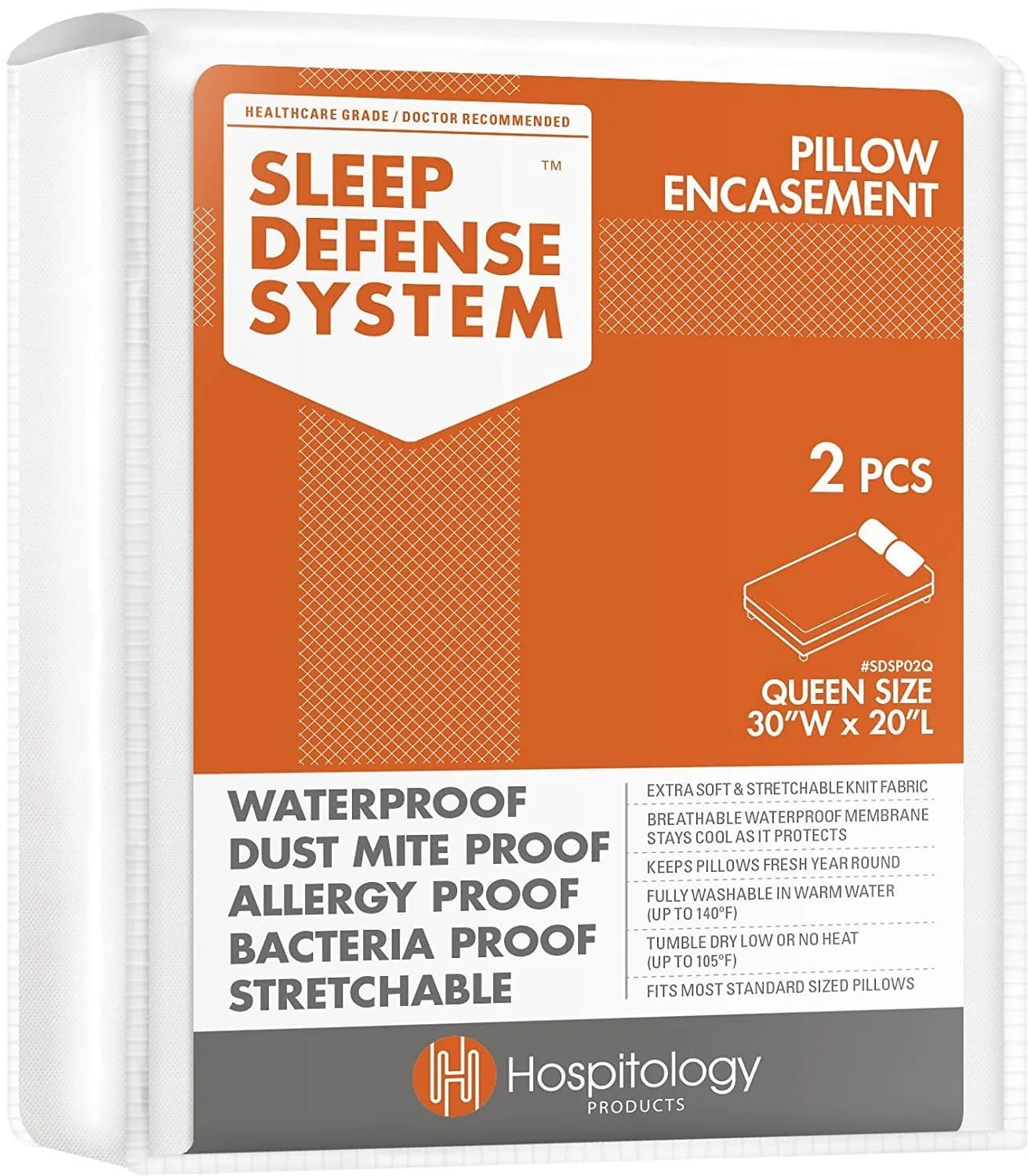 Hospitology Products Queen Pillow Encasement Set of 2 | 50cm x 76cm Waterproof Hypoallergenic Pillow Protector - main product image