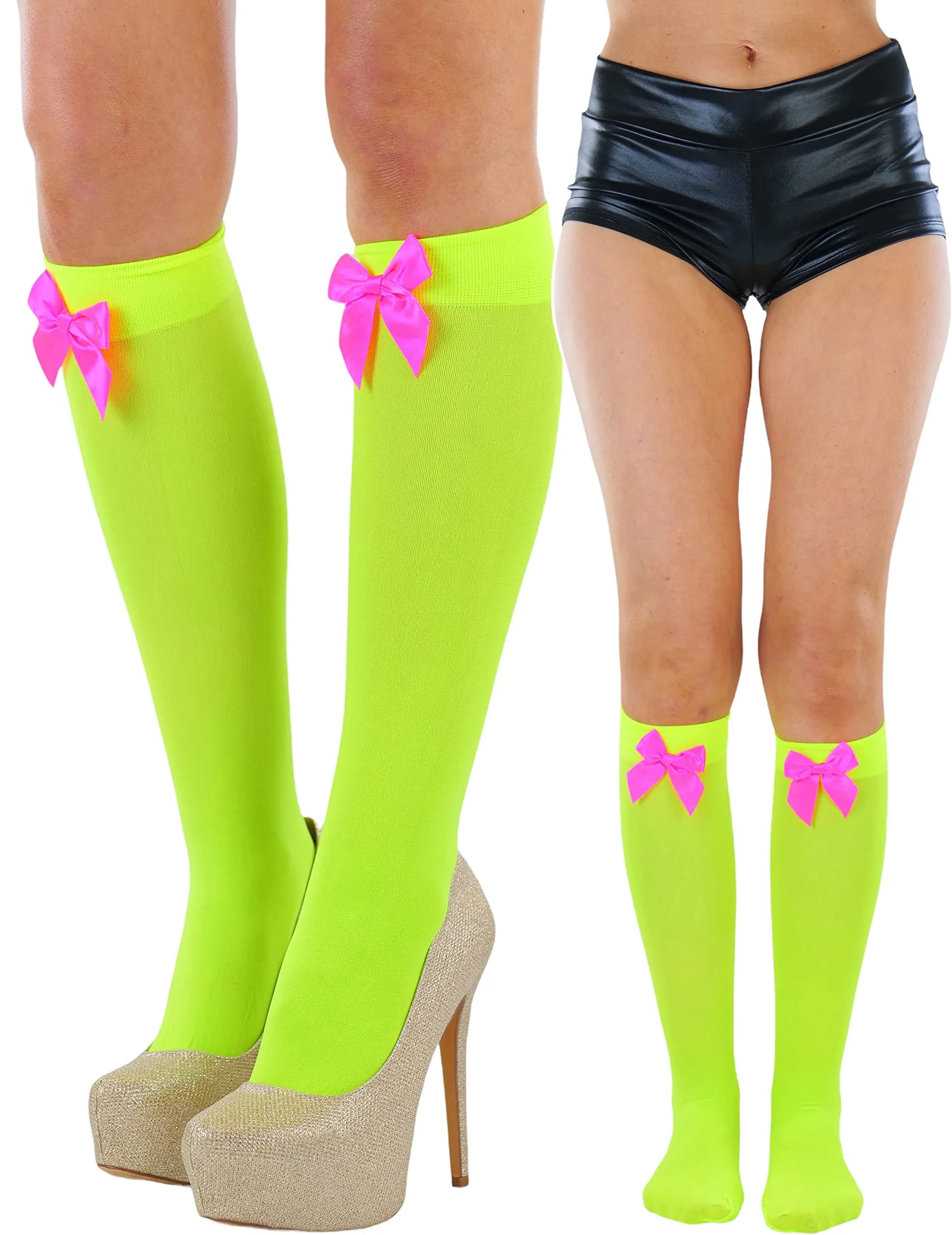 ToBeInStyle Women’s Opaque Knee High Nylon Socks Solid & w/Front Satin Bow - Neon Green W/Pink Bow - One Size | Casual Fashion Socks for Women — Neon Green W/ Pink Bow
