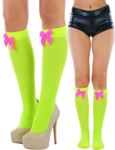 ToBeInStyle Women’s Opaque Knee High Nylon Socks Solid & w/Front Satin Bow - Neon Green W/Pink Bow - One Size | Casual Fashion Socks for Women thumbnail 1