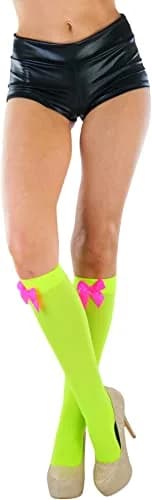 ToBeInStyle Women’s Opaque Knee High Nylon Socks Solid & w/Front Satin Bow - Neon Green W/Pink Bow - One Size | Casual Fashion Socks for Women thumbnail 4