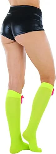 ToBeInStyle Women’s Opaque Knee High Nylon Socks Solid & w/Front Satin Bow - Neon Green W/Pink Bow - One Size | Casual Fashion Socks for Women thumbnail 6