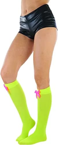ToBeInStyle Women’s Opaque Knee High Nylon Socks Solid & w/Front Satin Bow - Neon Green W/Pink Bow - One Size | Casual Fashion Socks for Women thumbnail 7