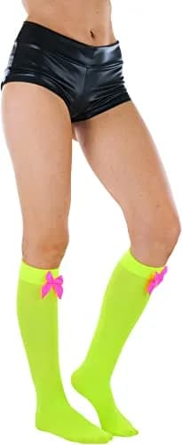 ToBeInStyle Women’s Opaque Knee High Nylon Socks Solid & w/Front Satin Bow - Neon Green W/Pink Bow - One Size | Casual Fashion Socks for Women thumbnail 3