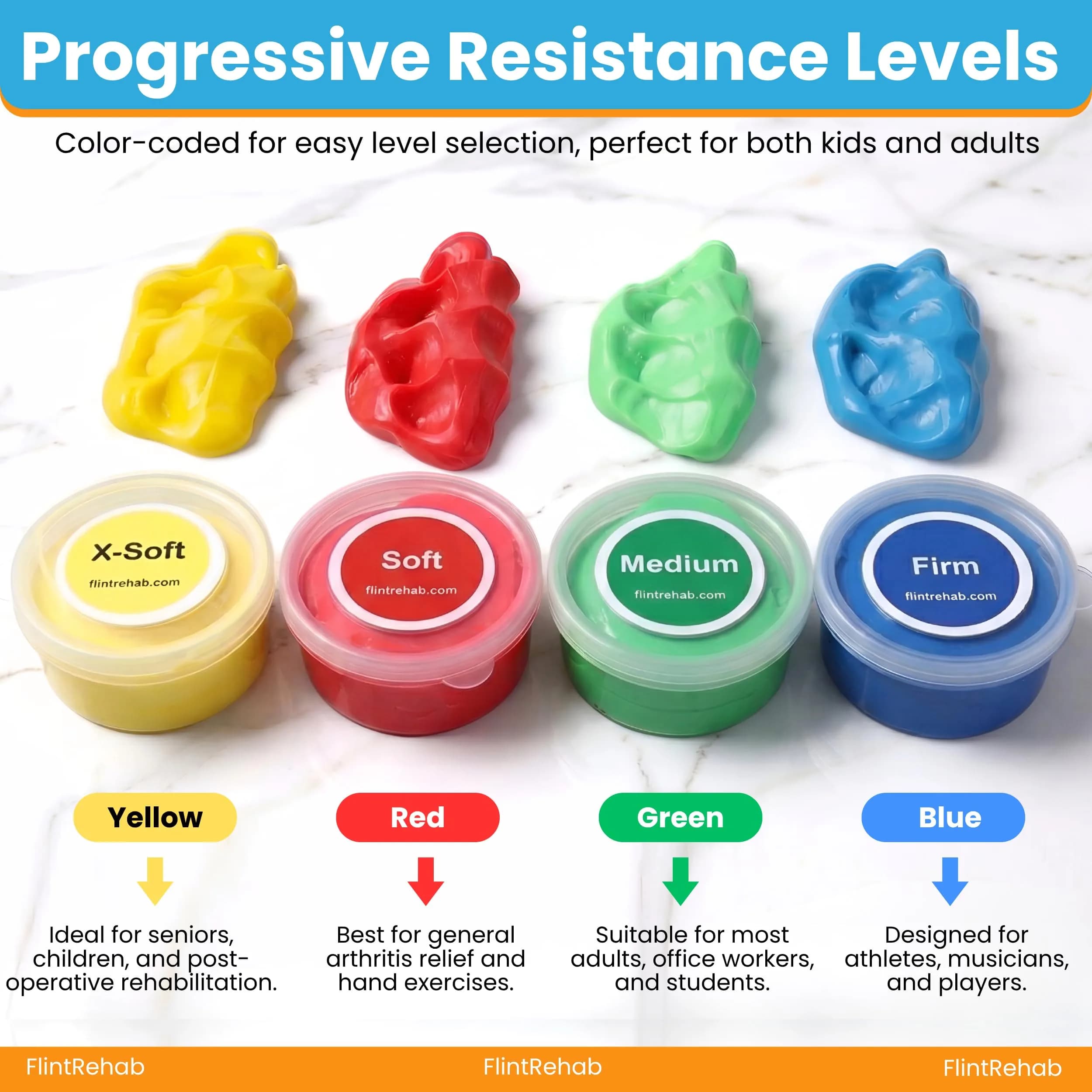 FlintRehab Therapy Putty for Teens & Adults (12 oz Total, 3 oz Each) | 4 Resistance Levels for Hand Strengthening & Stress Relief - view 2