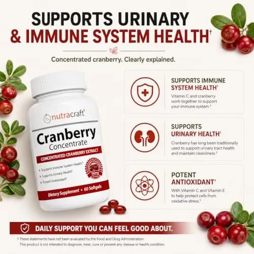 Nutracraft Cranberry Extract Supplement 50:1 with Vitamin C & E - 60 Softgels | Supports Urinary Tract Health & Immune Function thumbnail 5