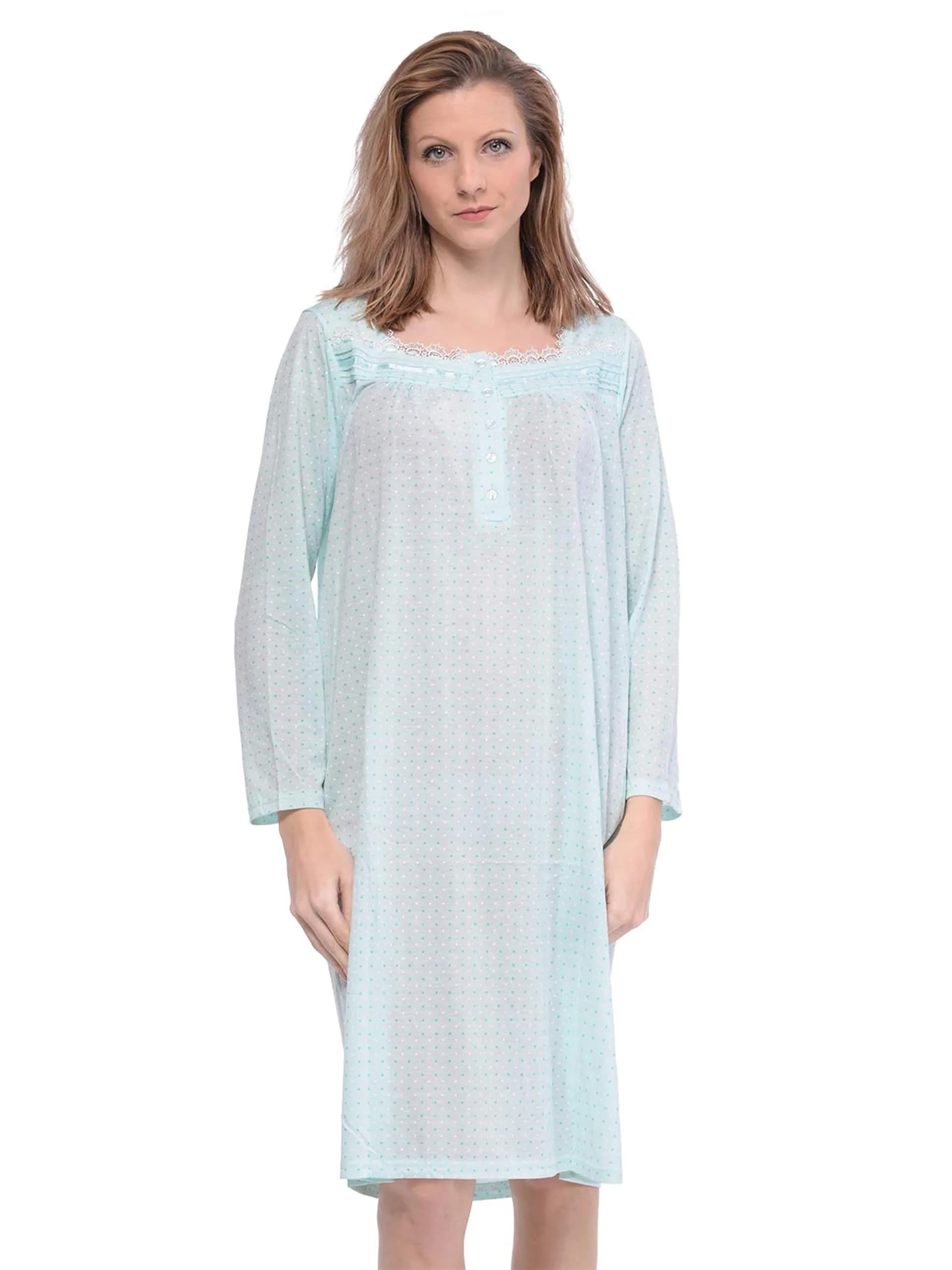 Casual Nights Women's Long Sleeve Dot Nightgown - Green - Large | Soft Cotton Blend Sleepwear for Women