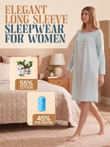 Casual Nights Women's Long Sleeve Dot Nightgown - Green - Large | Soft Cotton Blend Sleepwear for Women thumbnail 2