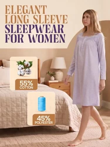 Casual Nights Women's Long Sleeve Dot Nightgown - Purple - Large | Soft Cotton Blend Sleepwear for Relaxed Comfort thumbnail 2