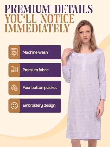 Casual Nights Women's Long Sleeve Dot Nightgown - Purple - Large | Soft Cotton Blend Sleepwear for Relaxed Comfort thumbnail 3