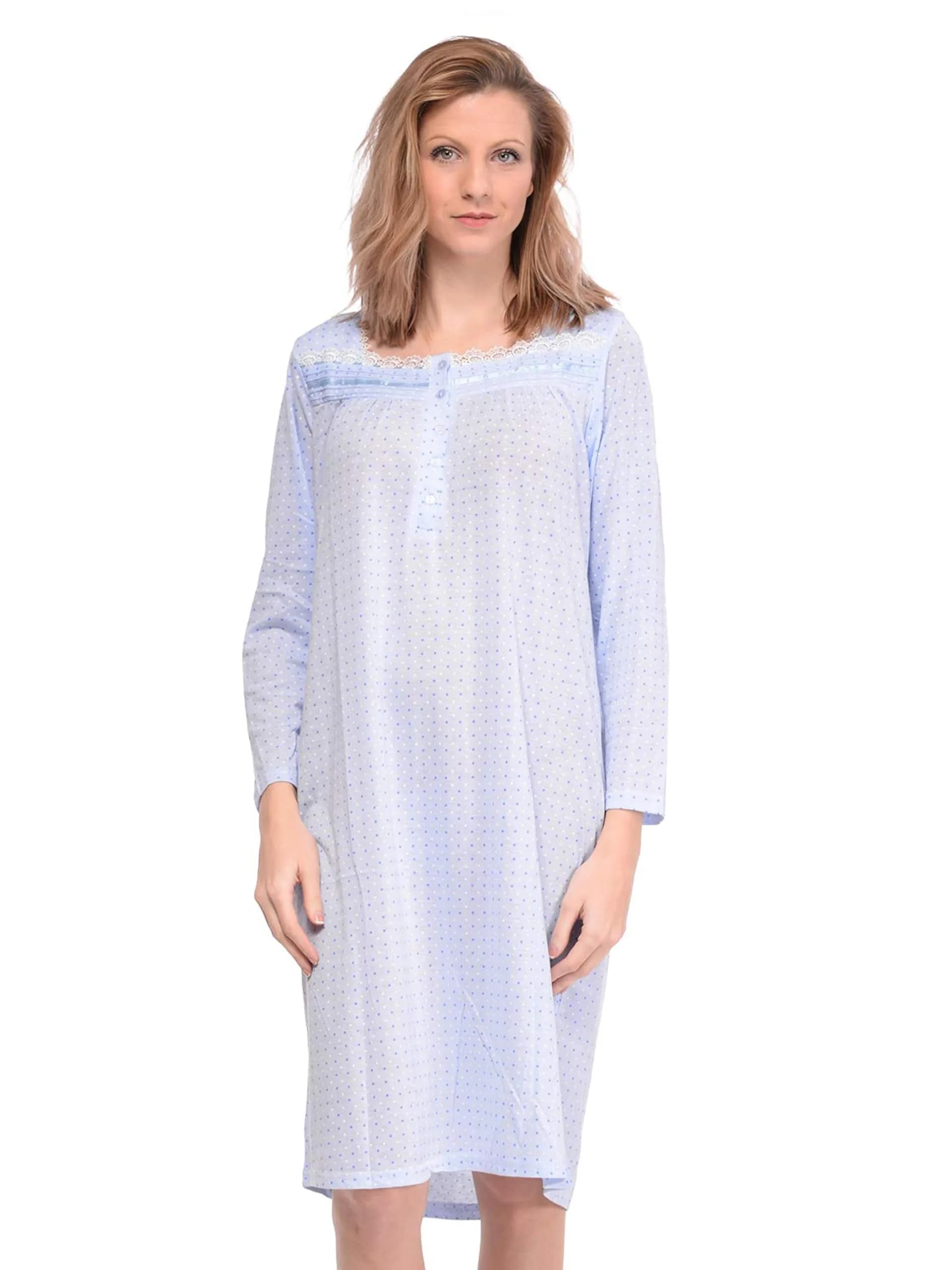 Casual Nights Women's Long Sleeve Dot Nightgown - Blue - Medium | Soft Cotton Blend Sleepwear for Relaxed Comfort — Dot/Blue