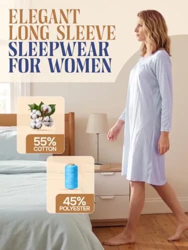Casual Nights Women's Long Sleeve Dot Nightgown - Blue - Medium | Soft Cotton Blend Sleepwear for Relaxed Comfort thumbnail 2