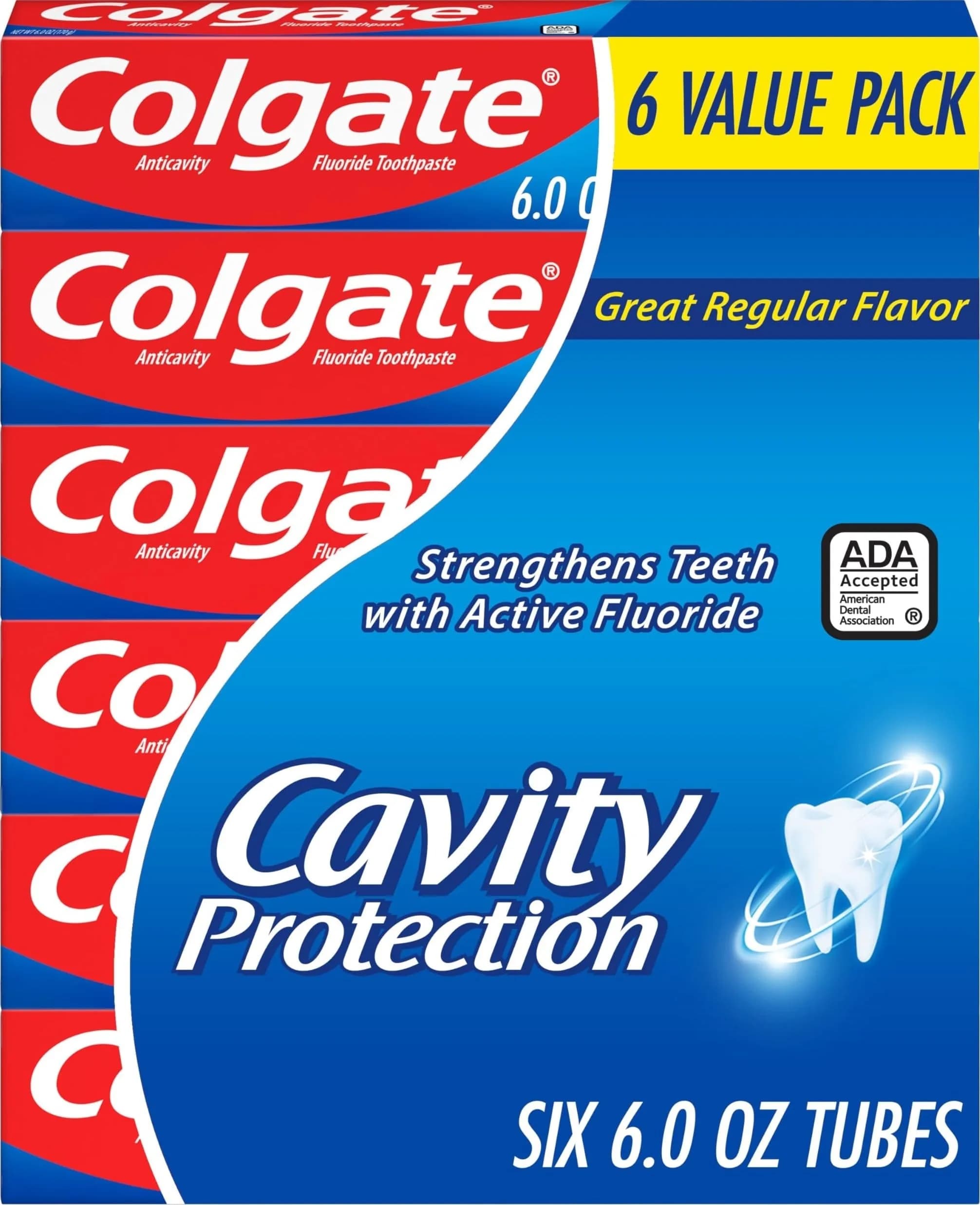Colgate Cavity Protection Fluoride Toothpaste, Great Regular Mint, 6 x 6 oz (170 g) | ADA Accepted Anticavity Formula — 6 Ounce