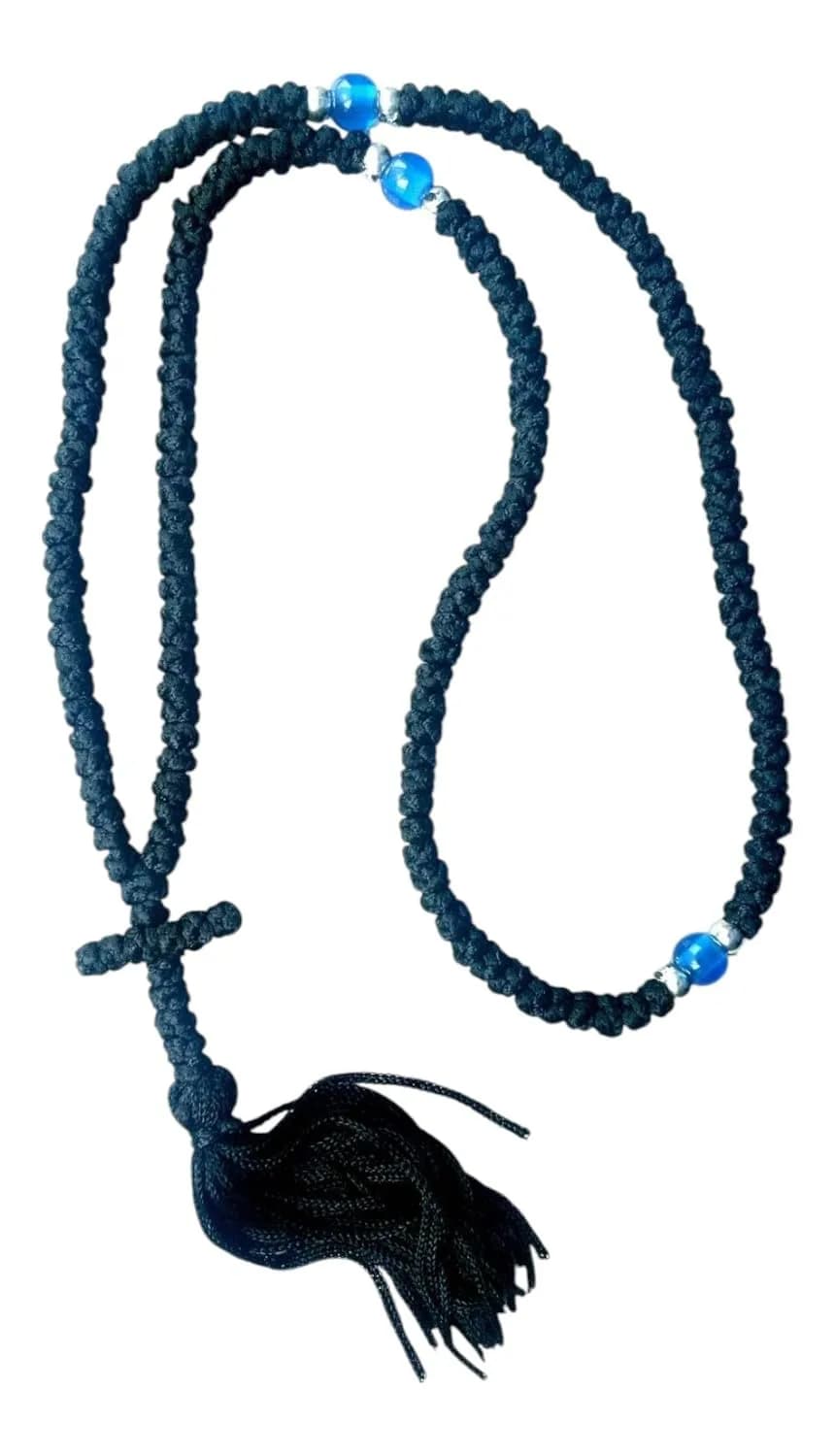 Iconsgr Christian Orthodox Prayer Rope 150 Knots | Waxed Black Rope with Cross, 150 Knots, Unisex — Black
