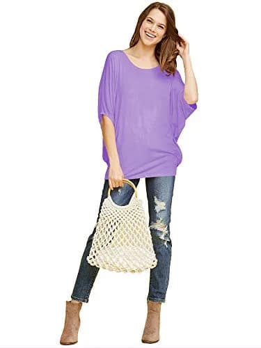 Made By Johnny Women's Dolman Batwing Sleeve Top – Soft Stretch Loose Fit Tunic Blouse for Everyday Wear L Lilac thumbnail 5