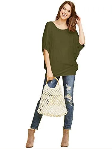 Made By Johnny Women's Dolman Batwing Sleeve Top – Soft Stretch Loose Fit Tunic Blouse for Everyday Wear XL Olive thumbnail 5
