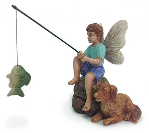 Marshall Home and Garden Gone Fishin' Miniature Fairy Garden Boy Fishing w/Dog Figurine 7.0 cm (2.75" high) | Hand-Painted Resin Decor thumbnail 1