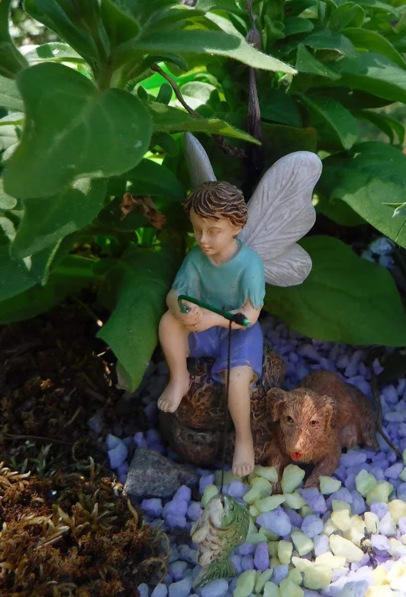 Marshall Home and Garden Gone Fishin' Miniature Fairy Garden Boy Fishing w/Dog Figurine 7.0 cm (2.75" high) | Hand-Painted Resin Decor - view 2
