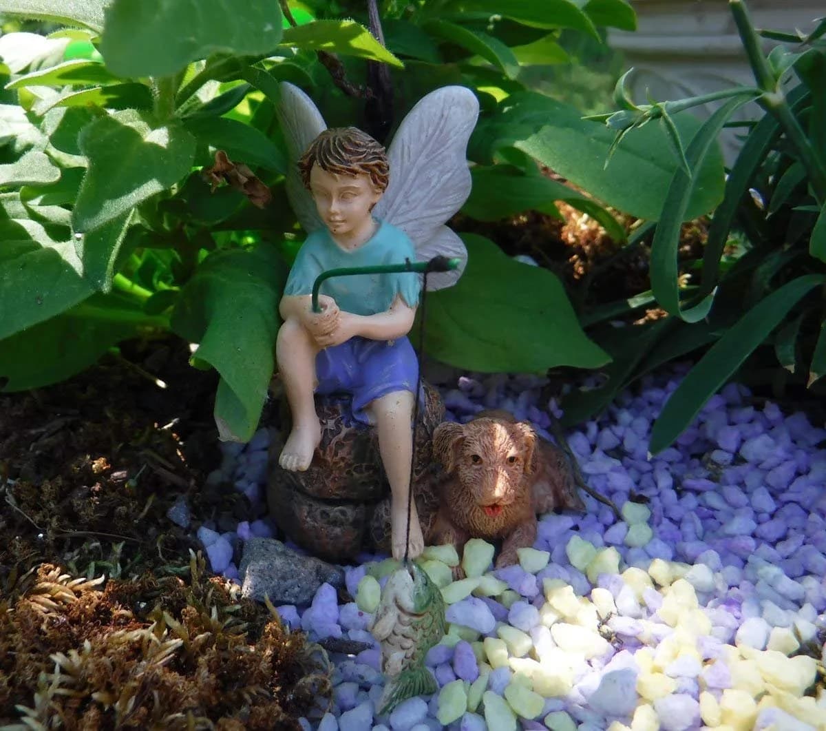 Marshall Home and Garden Gone Fishin' Miniature Fairy Garden Boy Fishing w/Dog Figurine 7.0 cm (2.75" high) | Hand-Painted Resin Decor - view 3