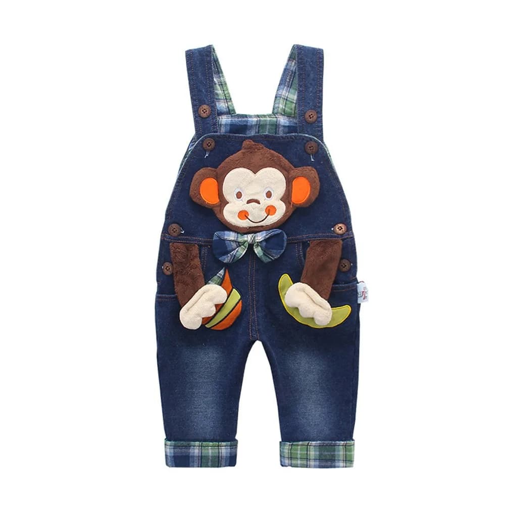 KIDSCOOL SPACE Baby Boy Girl Jean Overalls 12-18 Months | Playful 3D Monkey Design, Soft Denim, Adjustable Shoulder Straps