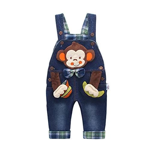 KIDSCOOL SPACE Baby Boy Girl Jean Overalls 12-18 Months | Playful 3D Monkey Design, Soft Denim, Adjustable Shoulder Straps thumbnail 1