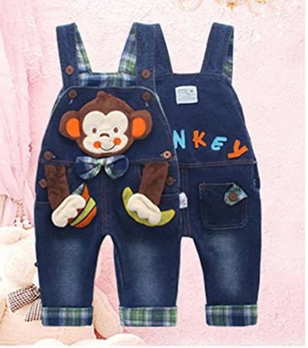 KIDSCOOL SPACE Baby Boy Girl Jean Overalls 12-18 Months | Playful 3D Monkey Design, Soft Denim, Adjustable Shoulder Straps thumbnail 4
