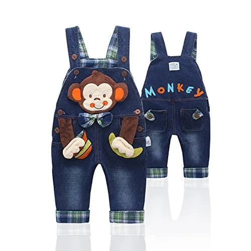 KIDSCOOL SPACE Baby Boy Girl Jean Overalls 12-18 Months | Playful 3D Monkey Design, Soft Denim, Adjustable Shoulder Straps thumbnail 2