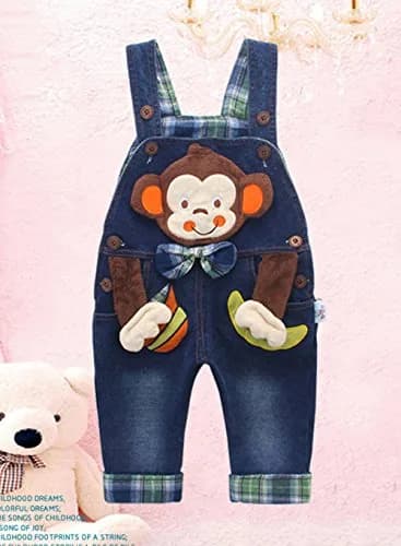 KIDSCOOL SPACE Baby Boy Girl Jean Overalls 12-18 Months | Playful 3D Monkey Design, Soft Denim, Adjustable Shoulder Straps thumbnail 3