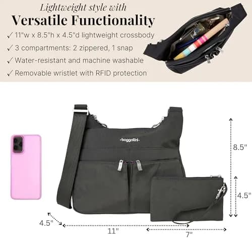 Baggallini Cross Over Crossbody Bag for Women - Travel Water-Resistant Nylon, Charcoal | Adjustable Strap & RFID Wristlet thumbnail 4