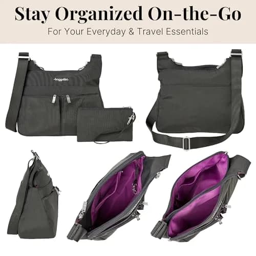 Baggallini Cross Over Crossbody Bag for Women - Travel Water-Resistant Nylon, Charcoal | Adjustable Strap & RFID Wristlet thumbnail 5