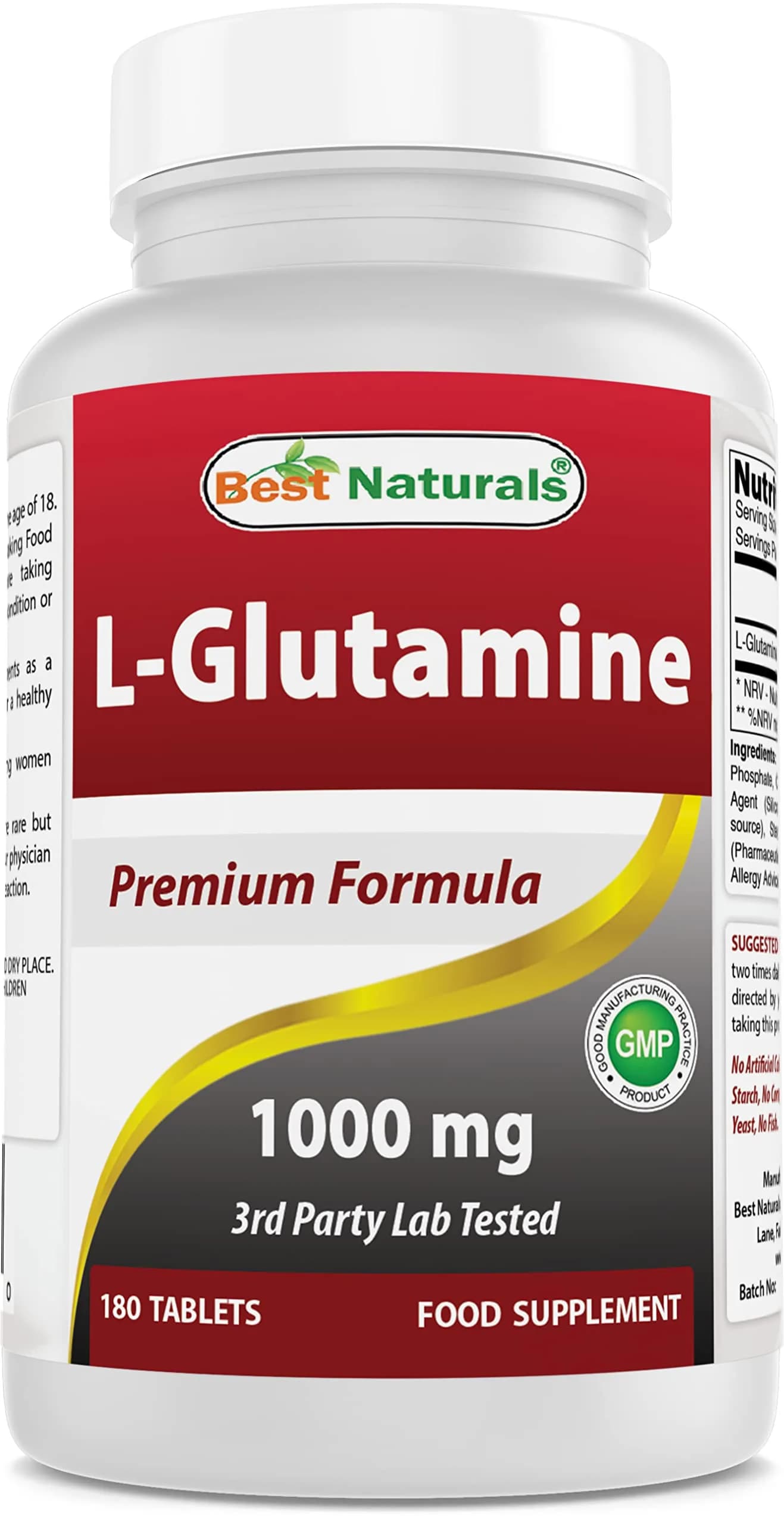 Best Naturals L-Glutamine 1000mg Fuel for Workout Tablets | Non-GMO, 180 Count, USA Import — Tablet