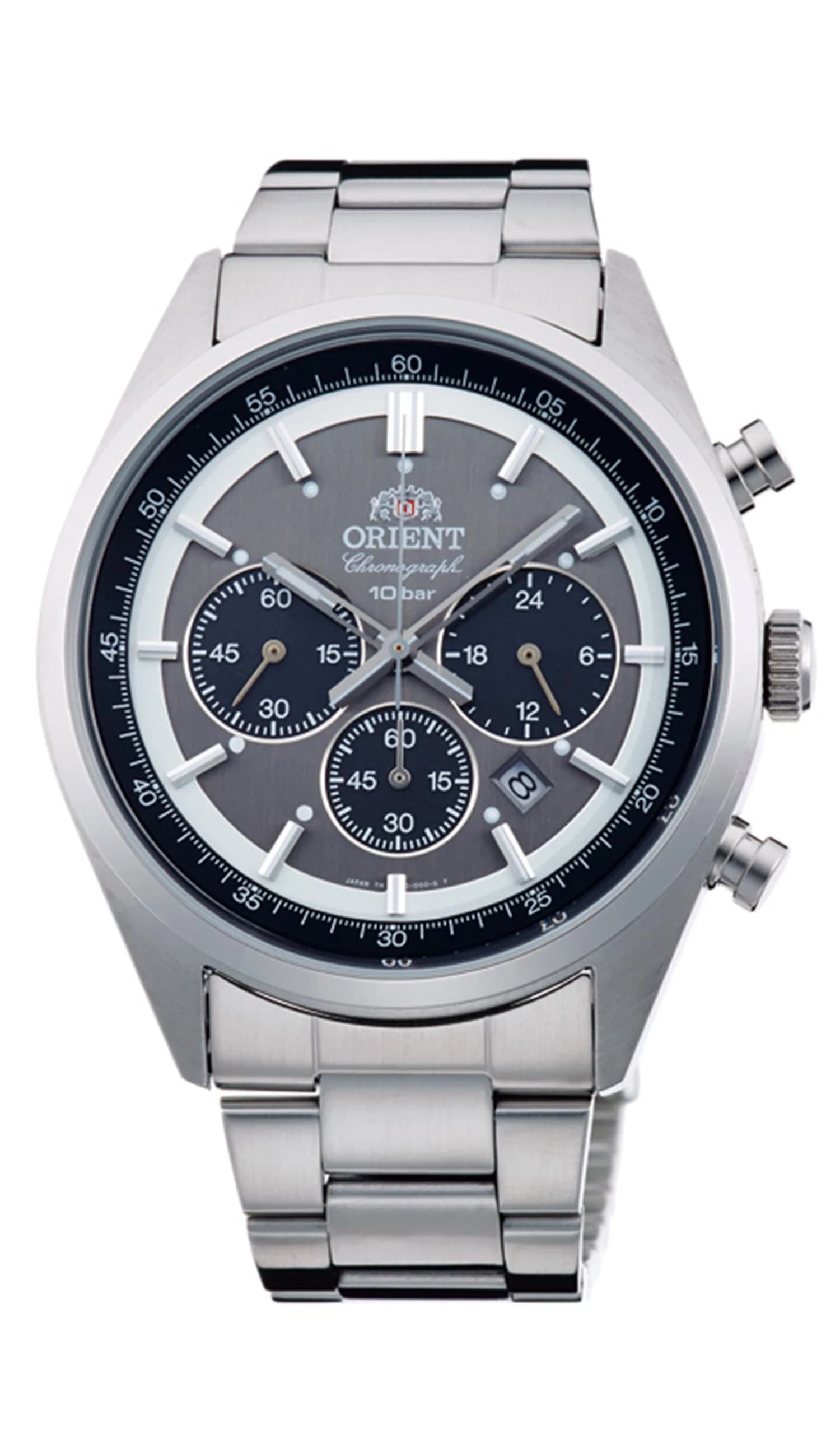 Orient Sporty Neo 70's Neo Seventees Solar Panda Wristwatch 42mm Stainless Steel | Solar Powered, Gray Dial, Water Resistant