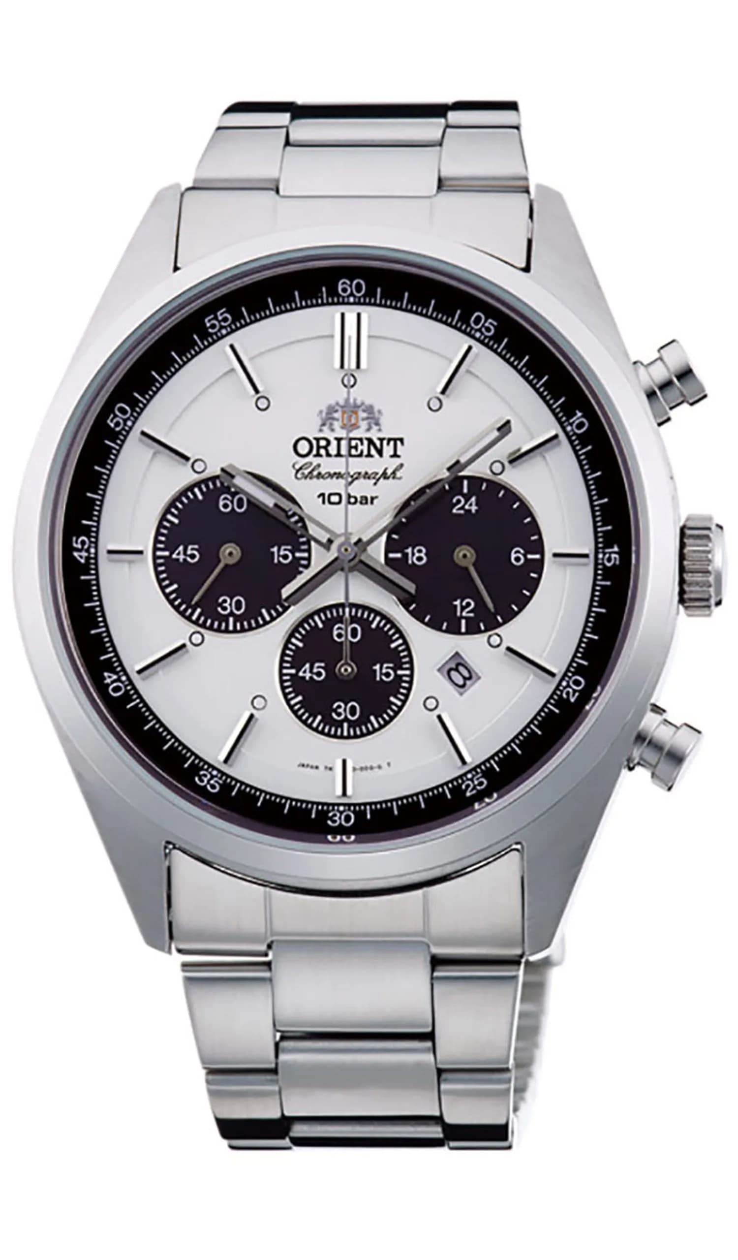 Orient Sporty Neo 70's Neo Seventees Solar Panda Wristwatch 42 mm | Solar Powered, Milky White Dial, Stainless Steel Band