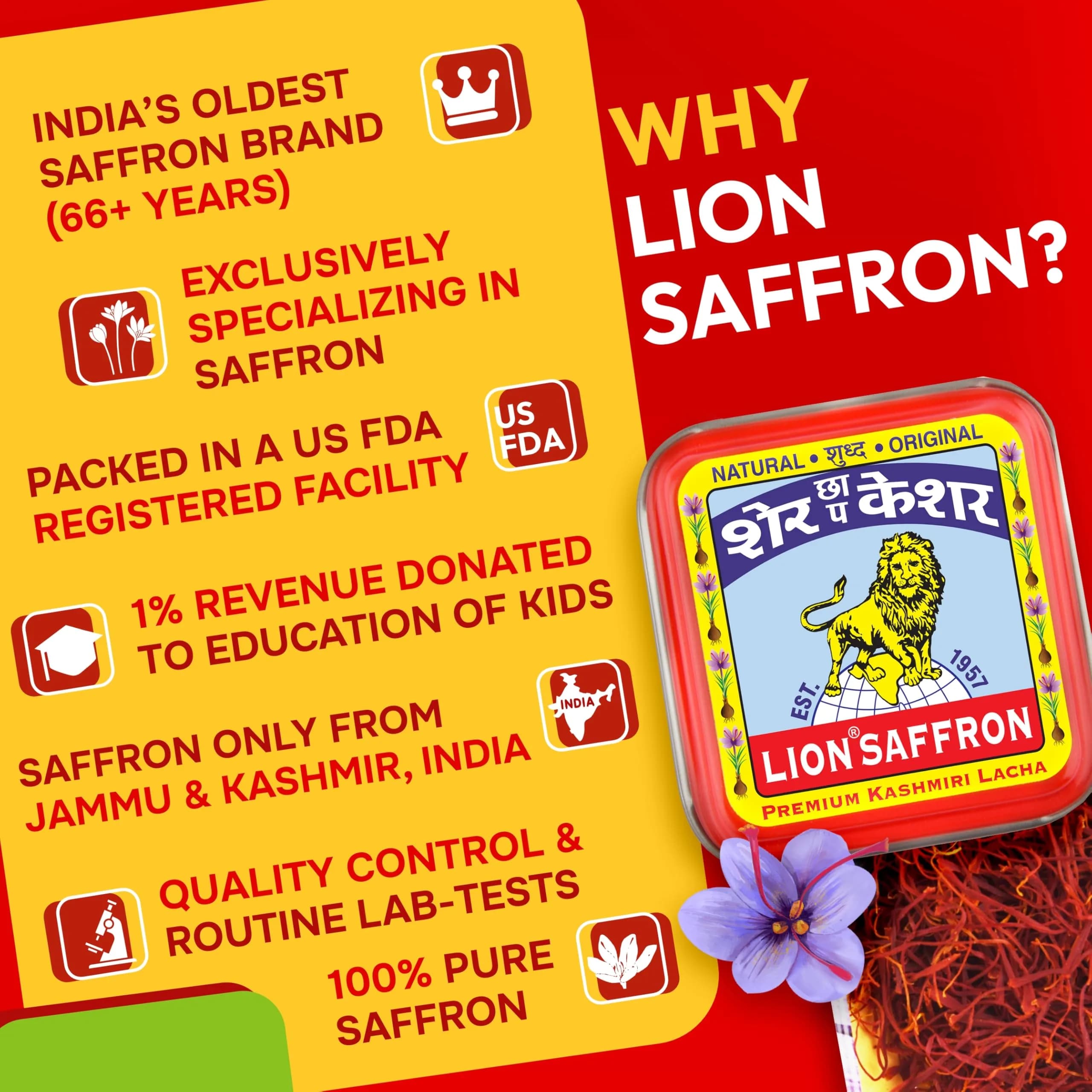 LION BRAND SAFFRON Original Kashmir Saffron/Kesar 1g (0.035 oz) | Certified Grade A+ for Biryani, Rice, Tea, Cooking, Kesar Tilak, Beauty - view 3