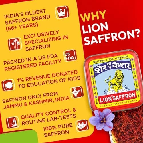 LION BRAND SAFFRON Original Kashmir Saffron/Kesar 1g (0.035 oz) | Certified Grade A+ for Biryani, Rice, Tea, Cooking, Kesar Tilak, Beauty thumbnail 3