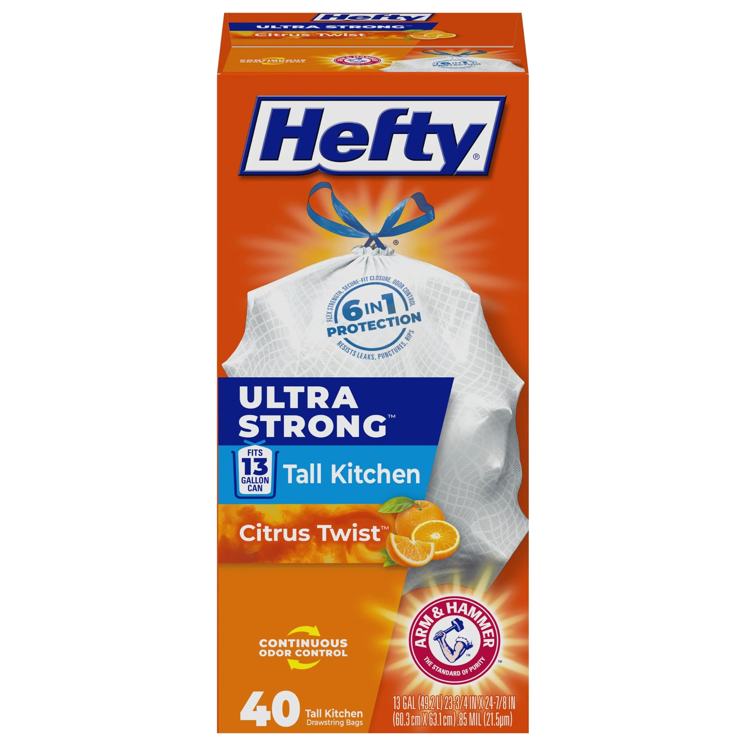 Hefty Ultra Strong Tall Kitchen Trash Bags - Citrus Twist, 13 Gallon, 40 Count | Puncture-Resistant, Odor Neutralizer, Drawstring
