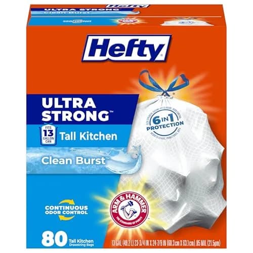 Hefty Ultra Strong 13 Gallon Kitchen Trash Bags, White, Clean Burst, 80 Count | 5.4 kg (11.9 lb) Bags for Home Waste Containment thumbnail 1