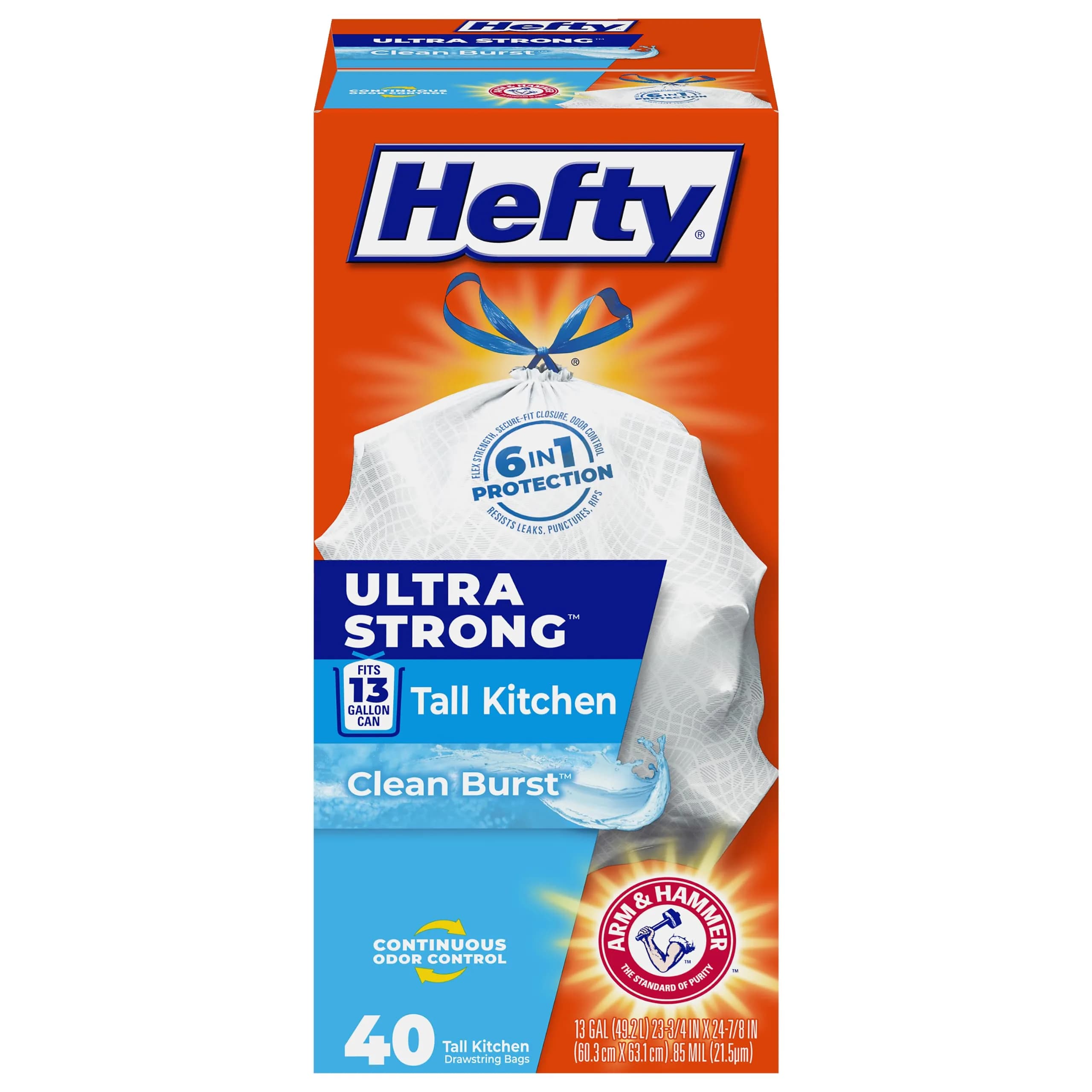 Hefty Ultra Strong 13 Gallon Kitchen Trash Bags, White, Clean Burst, 40 Count (1.76 lb) | 6-in-1 Protection for Indian Homes