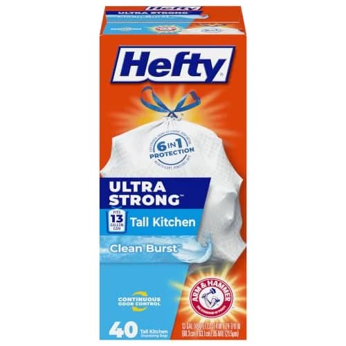 Hefty Ultra Strong 13 Gallon Kitchen Trash Bags, White, Clean Burst, 40 Count (1.76 lb) | 6-in-1 Protection for Indian Homes thumbnail 1