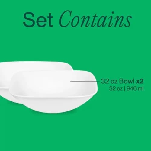 Corelle White 2-Piece 32-Ounce Square Bowl Set | Durable, Lightweight, Microwave & Dishwasher Safe thumbnail 3