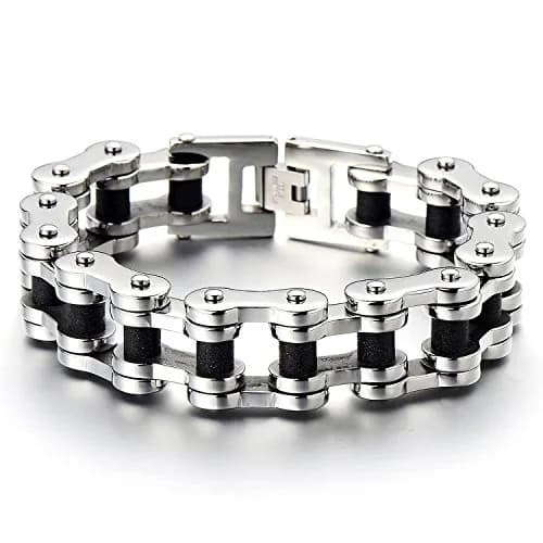COOLSTEELANDBEYOND Silver & Black Mens Bike Chain Bracelet 23cm | Two-Tone Polished & Satin Finish thumbnail 1