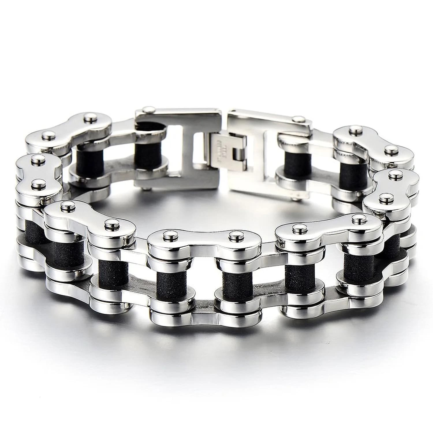 COOLSTEELANDBEYOND Silver & Black Mens Bike Chain Bracelet 23cm | Two-Tone Polished & Satin Finish