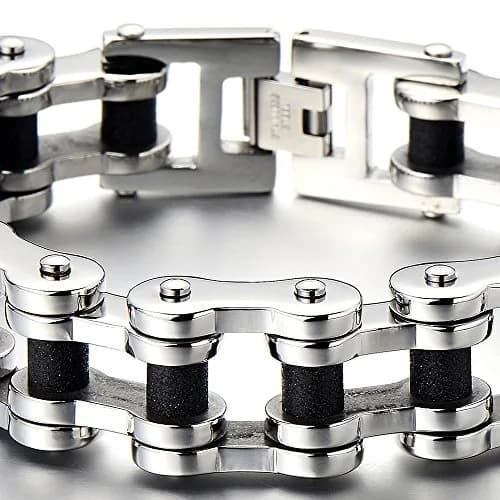 COOLSTEELANDBEYOND Silver & Black Mens Bike Chain Bracelet 23cm | Two-Tone Polished & Satin Finish thumbnail 2