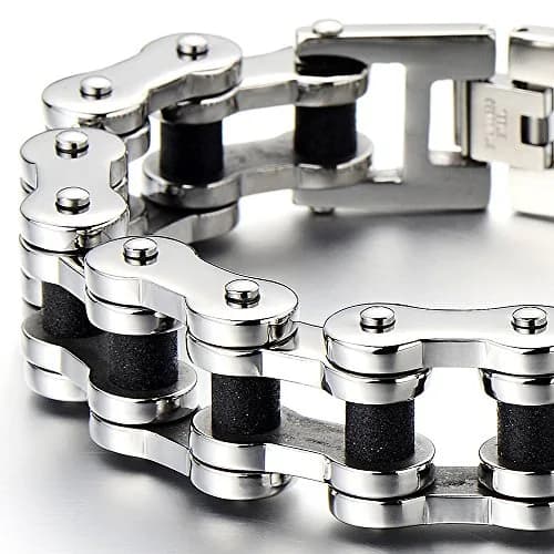 COOLSTEELANDBEYOND Silver & Black Mens Bike Chain Bracelet 23cm | Two-Tone Polished & Satin Finish thumbnail 3